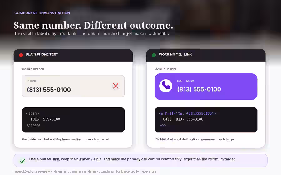 Side-by-side mobile contractor website headers compare a phone number rendered as plain text with a large purple click-to-call control using the same fictional 813 number and a tel destination.