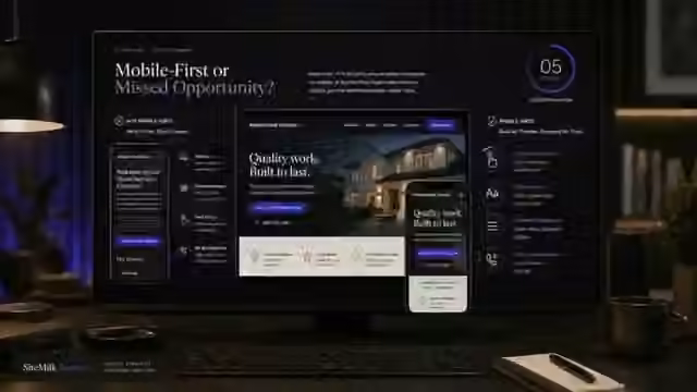 A dark professional comparison shows a cramped contractor website beside a readable mobile-first version with larger text, focused navigation, and one-tap contact controls.