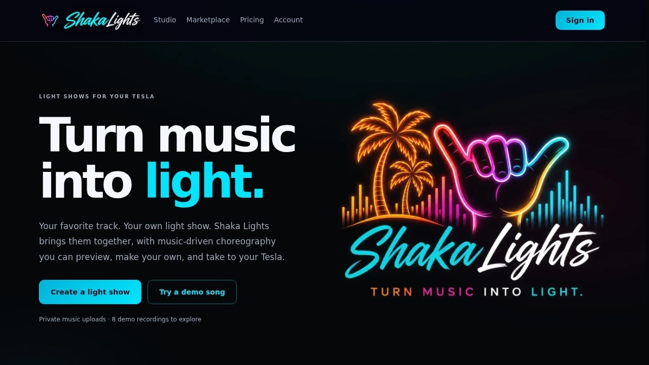 Shaka Lights homepage with the headline Turn music into light, neon palms and shaka artwork, and a Create a light show button.