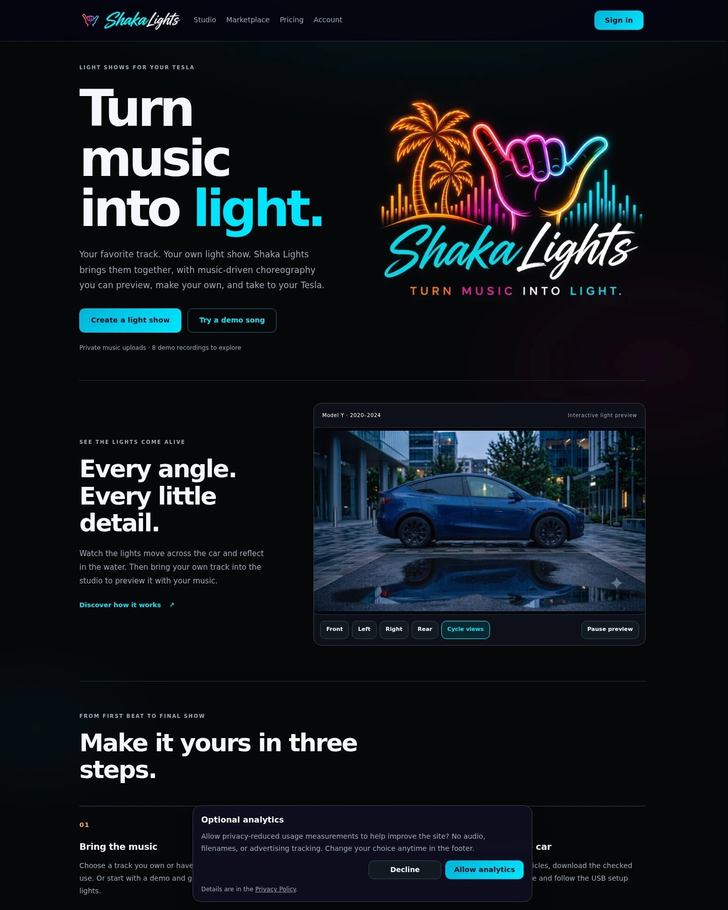 Full genuine Shaka Lights homepage capture, including the optional analytics dialog.