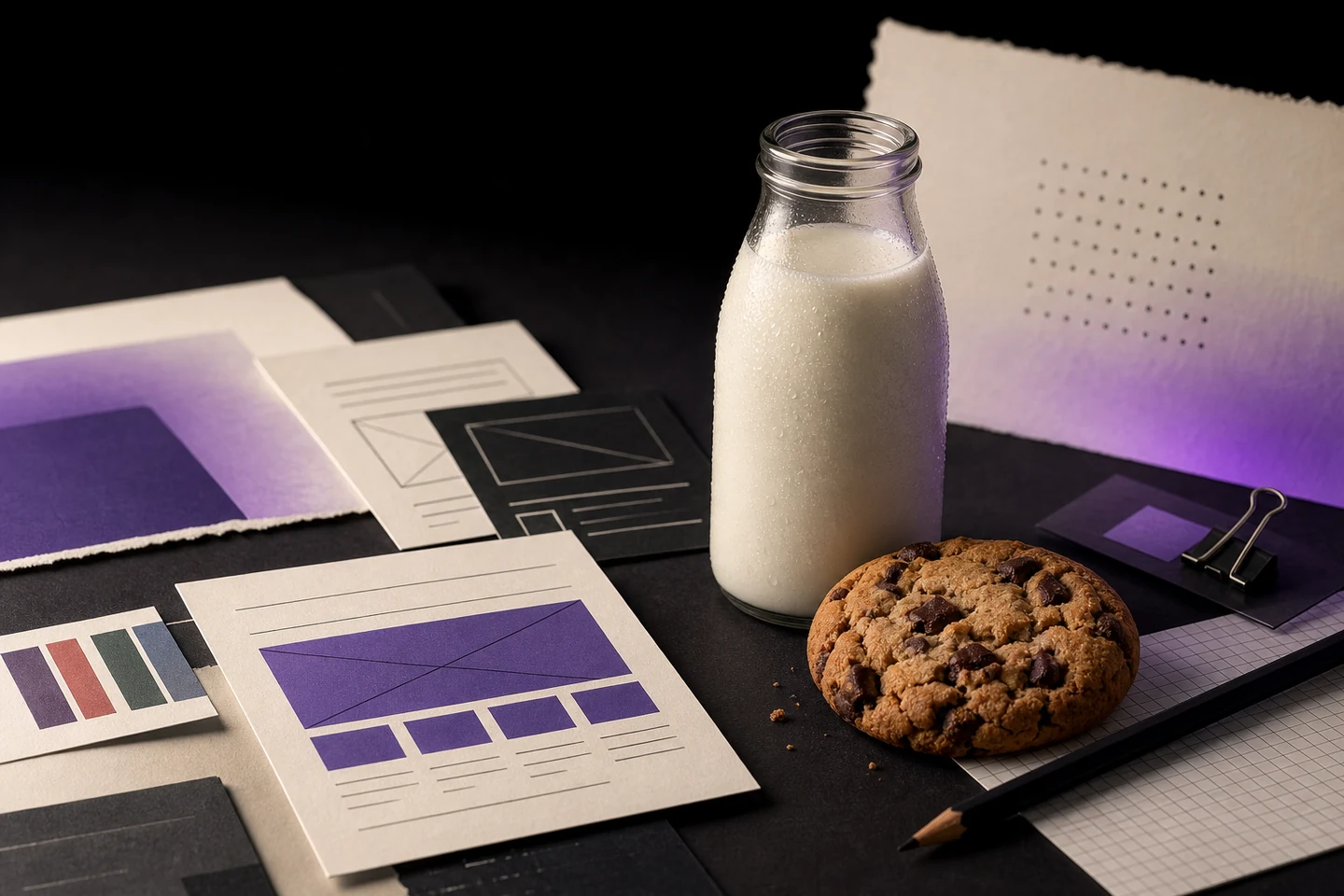 Milk bottle and cookie beside website wireframes on a design desk