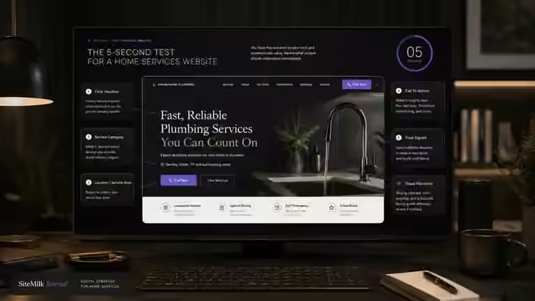 A premium website audit dashboard annotates the headline, service category, location, contact action, and trust signals a visitor should understand within the first few seconds.