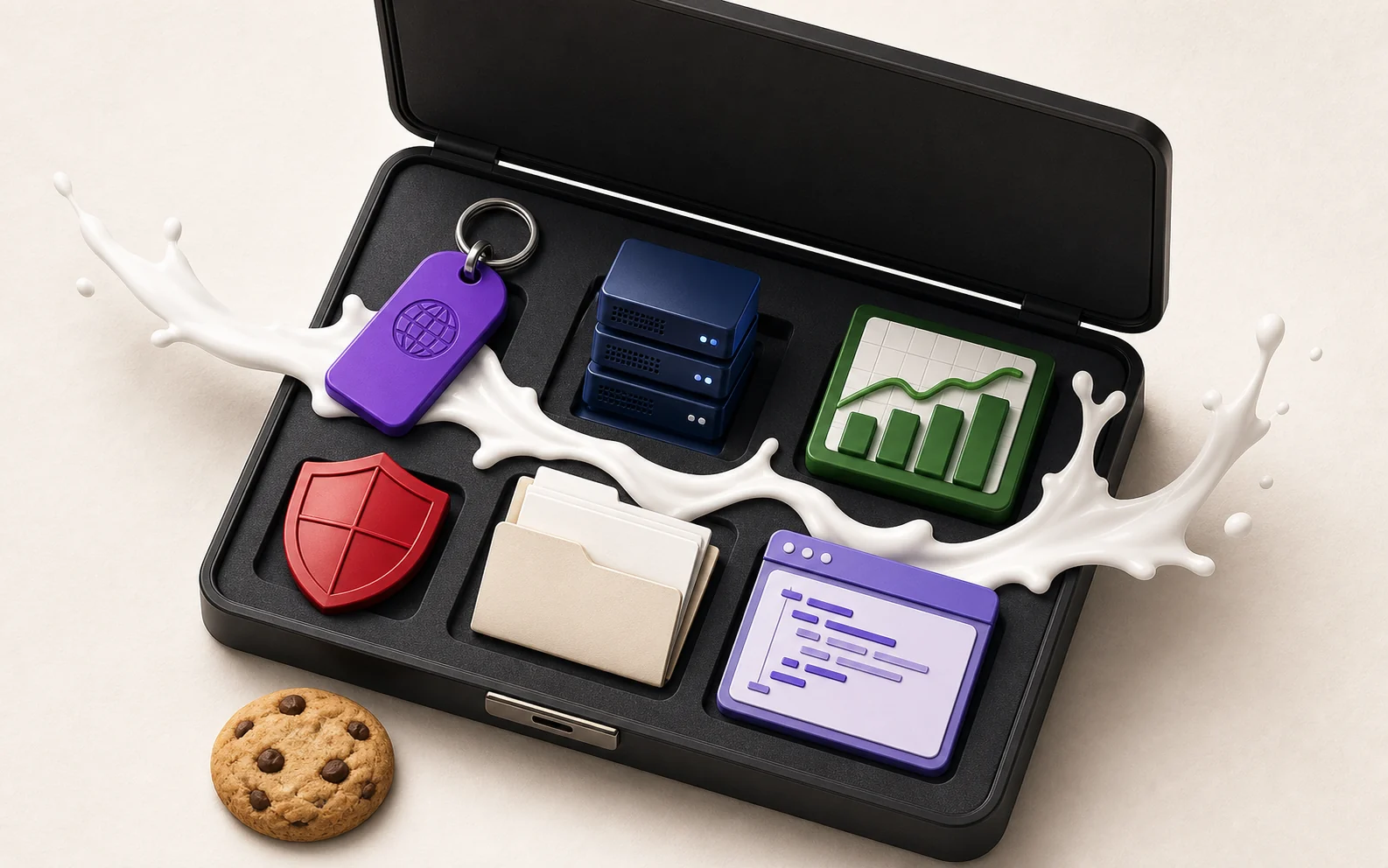 A black presentation case containing symbols for a domain, hosting, analytics, security, files, and code