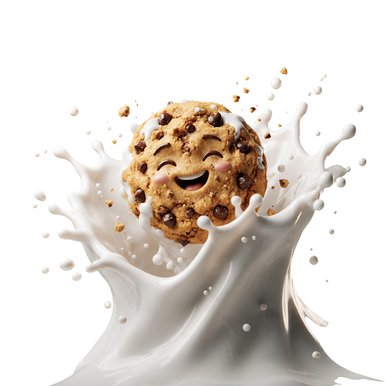 A cheerful chocolate-chip cookie emerging from a white milk splash