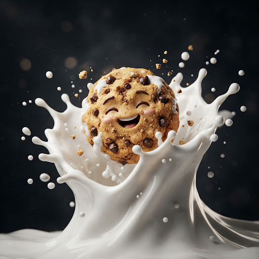 A friendly cookie emerging from a cinematic splash of milk