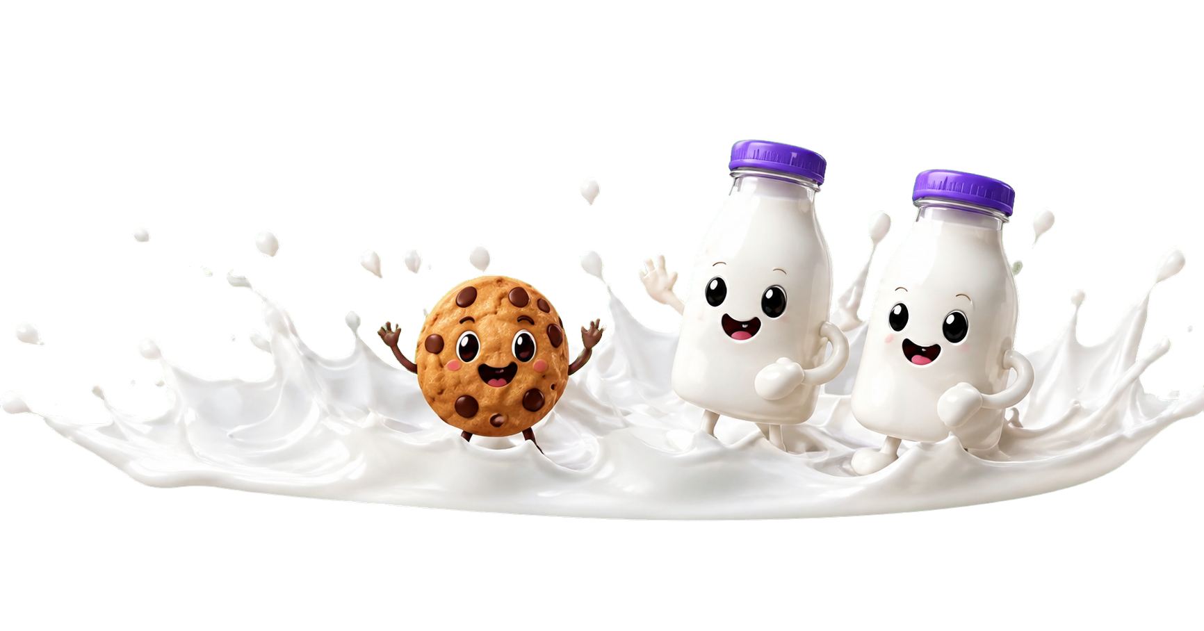SiteMilk's cookie and milk bottle characters splashing through milk